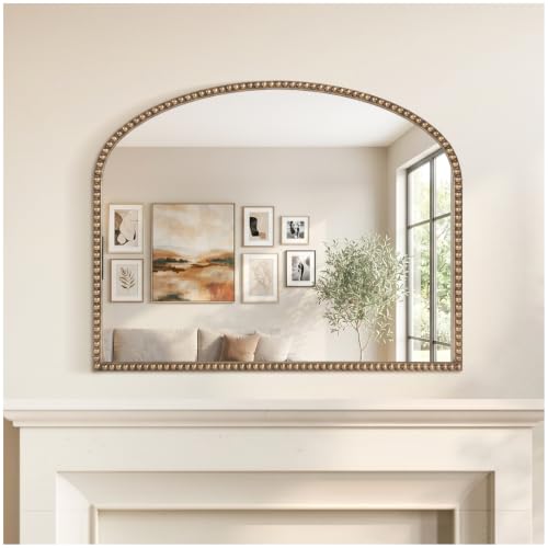 Image of Wemily Antique Gold Arched Wall Mirror, 36" x 28" Beaded Mirror | Metal Beaded Frame,HD Tempered Glass,Vintage Gold Mirror for Fireplace/Bedroom/Living Room/Dresser/Mantle