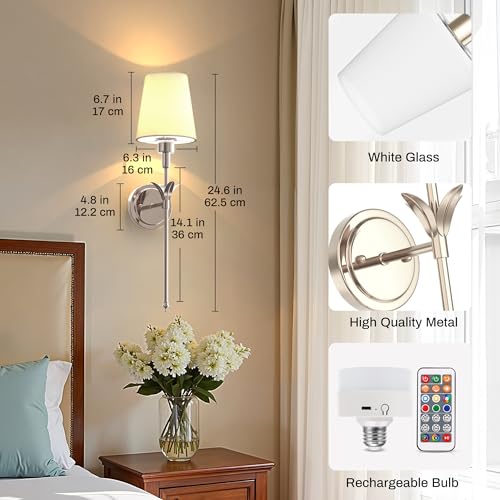 Image of DORESshop Battery Operated Wall Sconce Set of 2, Wireless Wall Light Easy to Install, 7 Color Rechargeable Wall Sconces, Sconce Wall Decor Set of 2 for Bedroom, Living Room, Silver, 24.3in