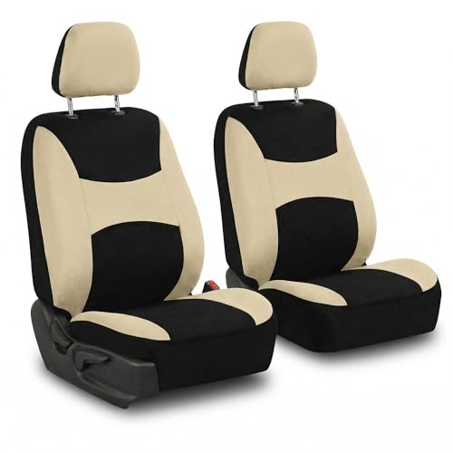Image of FH Group Universal Automotive Seat Covers Front Set | Light & Breezy Flat Cloth Washable Car Seat Cover for SUV, Sedan, Truck | Airbag Compatible Interior Upgrade - Beige /Black