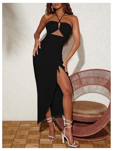Image of SOLY HUX Women's Cut Out Ruched Halter Dress High Split Drawstring Bodycon Maxi Vacation Dresses