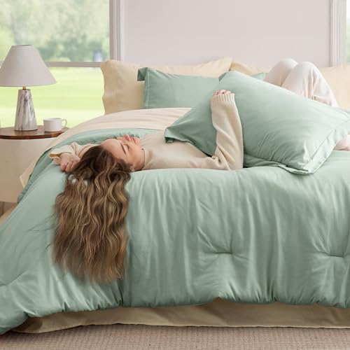 Bedsure Queen Comforter Set - 7 Pieces Sage Green Queen Bedding Set for All Seasons, Boho Contrasting Design Bed in a Bag with Comforter, Sheets, Pillowcases & Shams - Image 3