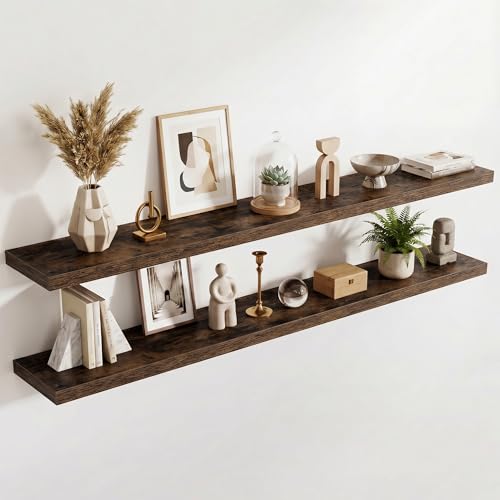 Image of Acovy 10 inch Extra Deep Floating Shelves for Wall, 72 inch Long Wood Wall Shelves Set of 2 for Bathroom Bedroom Kitchen Living Room Laundry Room, Modern Floating Shelf for Home Decor