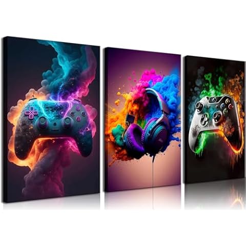 BGFCE Gaming Room Decor Wall Art, Video Gaming Theme Decor Gaming Room Wall Art, Gaming Canvas Posters for Teen Boys Room Framed 16x24in Set of 3 Cover