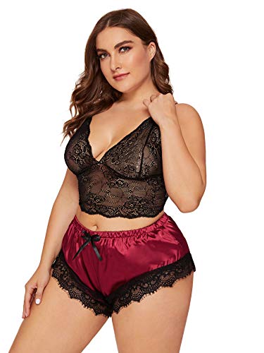 Soly Hux Women's Plus Size Lingerie Set Spaghetti Strap Lace Trim Bralette And Shorts Sleepwear Pajama Set Black & Red 1Xl Multicoloured #TOP5