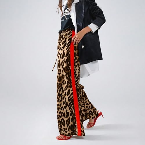 Kubbon Leopard Pants Women Elastic Waisted Wide Leg Pants Casual Stretchy Lounge Pant Palazzo Trousers with Pockets4