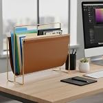 MyGift Magazine Holder Magazine Rack Floor 15-Inch Modern Brown Leatherette & Brass Plated Metal Floor Standing Faux Leather Sling Style Newspaper Rack for Home, Bathroom, Office Decor - Image 5