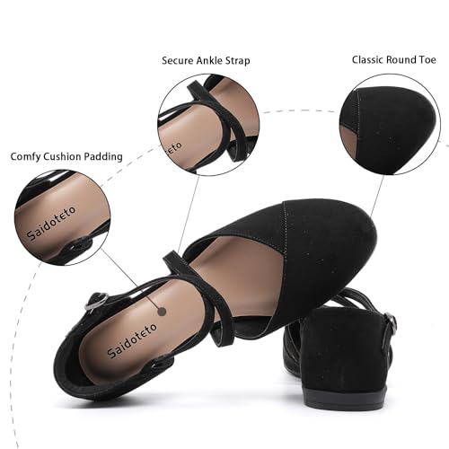 Saidoteto Women's Ankle Strap Flats - Comfortable Round Toe Dress Shoes with Adjustable Buckle, Criss-Cross Design for Work, Wedding, Office & Casual. Black Size 9 WFT240810-033