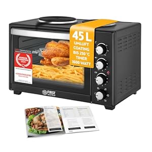 TZS First Austria Minibackofen 45L I Umluft I Premium-X Coating (Antihaftbeschichtung) I Auftauen&Warmhalten I Rezeptheft I Backofen Pizzaofen Grill