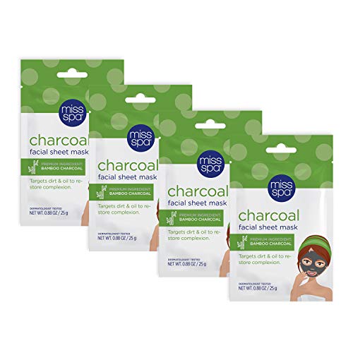 Miss Spa Bamboo Charcoal Facial Sheet Mask Set for Oily Skin, Deep Cleansing for Clear Skin, Anti-Aging, Anti-Wrinkle, Skin Care for Women, 4-Pack