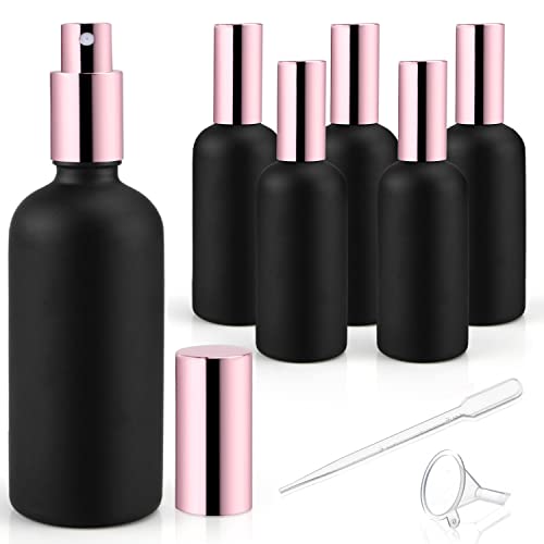 6 Pack 3.4 Oz Black Frosted Glass Spray Bottles,Empty Perfume Fine Mist Atomizer,Rose-Golden Pump Head Travel Liquid Holder Containers for Cologne,Essential Oils,Body Sprays-Funnel&Pipette