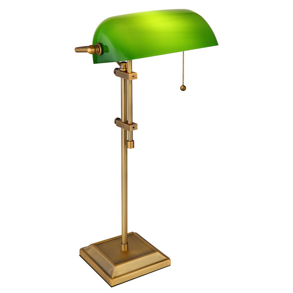 LED Schreibtischleuchte Bankerlampe Tischlampe altmessing Glas grün Leseleuchte höhenverstellbar, Zugschalter, 1x E27 LED warmweiß, LxH 26,5x56 cm