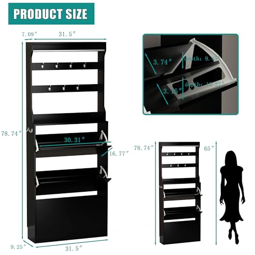 Shoe Cabinet for Entryway with 3 Flip Drawers, Black Tall Wood Shoe Storage Cabinet with Coat Rack, Narrow Hidden Slim Freestanding Shoe Rack Organizer, 2 in 1 Hall Tree for Living Room, Hallway