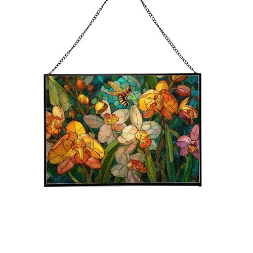 Bee Feeding – Wild Orchid Grove Animal Stained Glass Suncatcher – Rectangular Hanging Window Panel with Artistic Nature Background – Wildlife Glass Art Gift for Animal and Nature Lovers ndRQN1