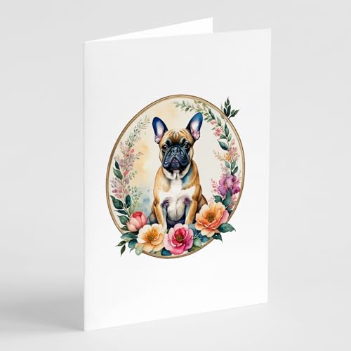 Caroline's Treasures Fawn French Bulldog and Flowers Greeting Cards and Envelopes Pack of 8 Blank Cards with Envelopes Whimsical A7 Size 5x7 Blank Greeting Cards