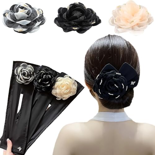 WYLFYJP 3 Pezzi Creatore di Chignon for Twister Fiore Ricamato A Mano Creatore di Chignon Grande Fiore di Camelia Ciambella Flessibile, Avvolge Chignon alla Moda Accessori for Capelli