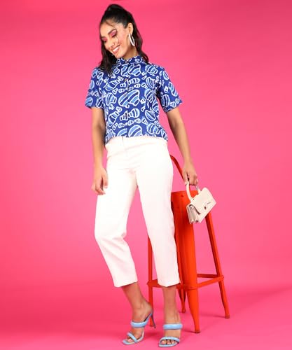 Image of POPWINGS Ethnic Printed Cotton Half Sleeves Regular Fit Crop Shirts for Women Stylish Western Casual Wear