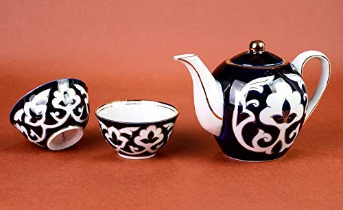 Original Popular Uzbek 3-Piece Floral Tea Set 27-Ounce Teapot With Two 7-Ounce Cups Dark Blue And White Uzbekistan Ceramic Traditional Products Not Fake - Free Uzbek Food Recipe Ebooks Included #TOP5