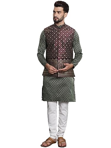 Image of SOJANYA (Since 1958 Men's Jacquard Silk Kurta and Pyjama with Nehru Jacket