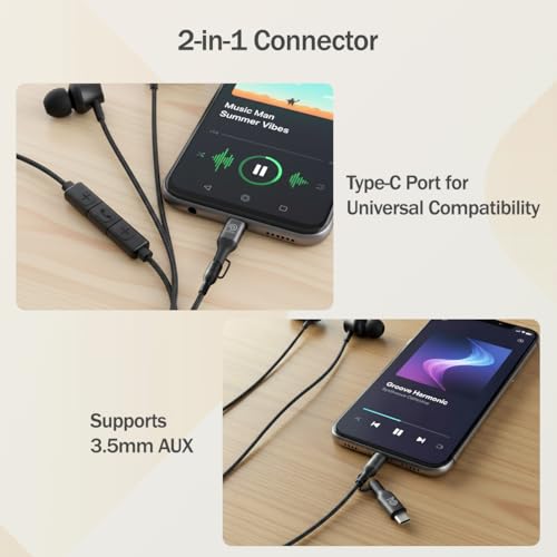 Image of pTron Boom Play X5 in-Ear Wired Earphones w /Type-C & 3.5mm Aux Connectors, 10mm Drivers for Pristine Sound, HD Mic for Clear Calls, in-line Controls,1.2m Tangle-Free Cable & Wide Compatibility (Onyx)
