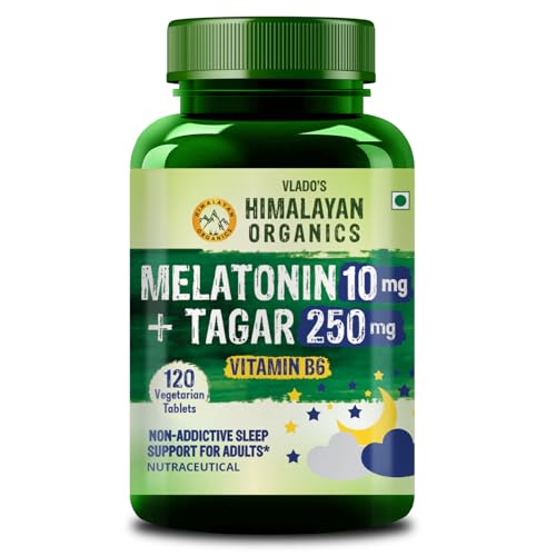 Image of Vlado's Himalayan Organics Melatonin 10Mg Sleep Tablets- Sleeping Pills with with 250mg Tagar & Vitamin B6 for Deep Sleep Restful Nights, and Effective Sleep Dose | for Women & Men | Non-Habit Forming, Restful Sleep - 120 Tablets