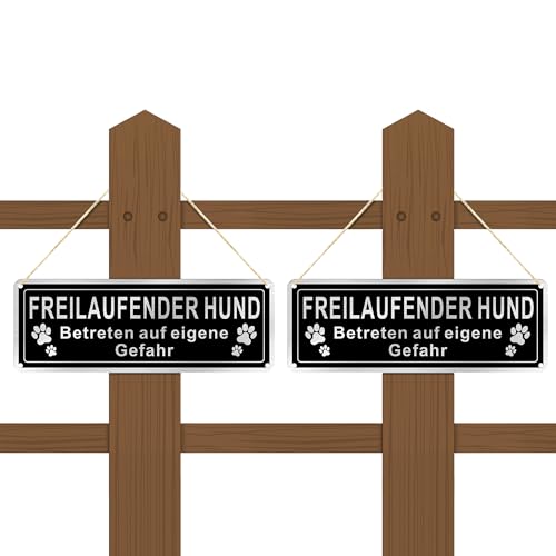 SINMAO Schild Freilaufender Hund Retro Schwarz 25x9cm Gebürstetes Aluminium, Schild Achtung Hund Betreten auf Eigene Gefahr 2 Stück