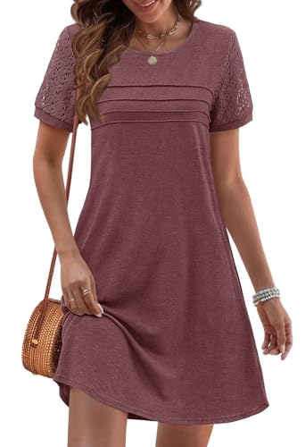 Image of MEROKEETY Women's Summer Short Lace Sleeve T Shirt Dress Casual Crew Neck Pleated Front Shift Dresses