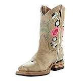 Soto Boots K3011 Girls Sand Floral Embroidered Square Toe Cowboy Boots (Sand,10)