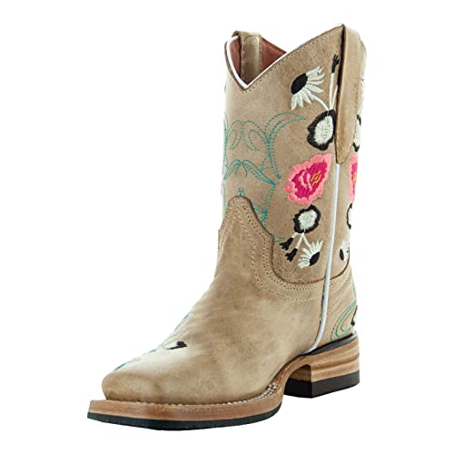 Soto Boots K3011 Girls Sand Floral Embroidered Square Toe Cowboy Boots (Sand,10) #TOP19