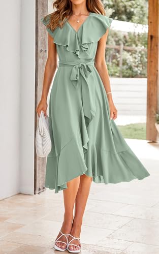 Image of PRETTYGARDEN Women's 2023 Summer Wrap Maxi Dress Casual Boho Deep V Neck Short Sleeve Ruffle Hem Split Beach Long Dresses