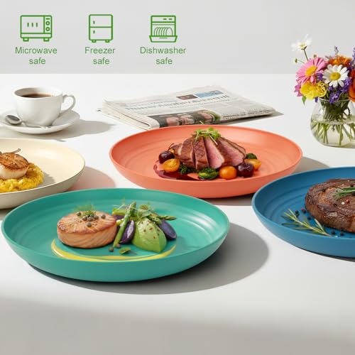 Image of Wheat Straw Plates Set of 6, 9In Plastic Plates Reusable for Kids | Unbreakable Dinner Plate for Camping, Dishwasher & Microwave Safe Plates for Kitchen - Mutilcolor