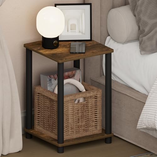 Image of Furinno Turn-N-Tube Night Stand, 2-Tier Open Shelf Design Nightstand, Toolless Square Bedside Table, End Table, Side Table, for Bedroom, Closet, Dorm, Amber Pine