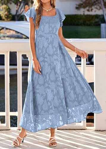 Image of KIRUNDO Bridesmaid Wedding Guest Formal Dresses for Women | Elegant Summer Maxi Dress, Lace Floral Prom Party Cocktail Dress, Smocked Bust, Tie Back, Split A Line Swing, With Pockets