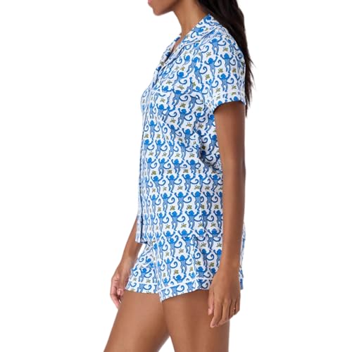 Image of Womens Y2k Preppy Pajamas Set, 2 Piece Button Down Monkey Beach Shorts Set Holiday Vacation Loungewear Pjs for Jammies Back to School Party Birthday Gifts(Blue, XX-Large)