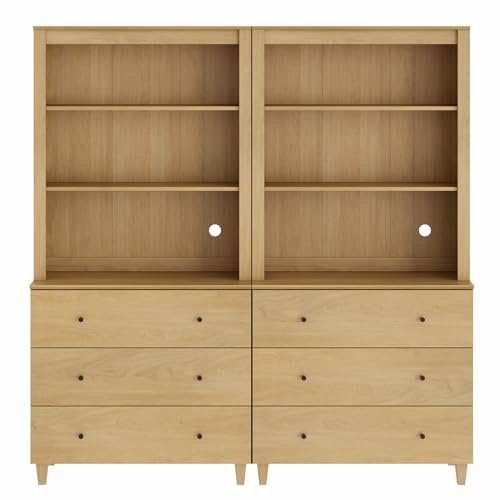 Image of WAMPAT 71 inch Tall Bookcase with 6 Drawers & Open Shelves, 2 Column Modern 3-Tier Bookshelf with Adjustable Shelf, 71 inch Wide Wooden Display Book Shelf for Home Office, Living Room, Bedroom, Oak