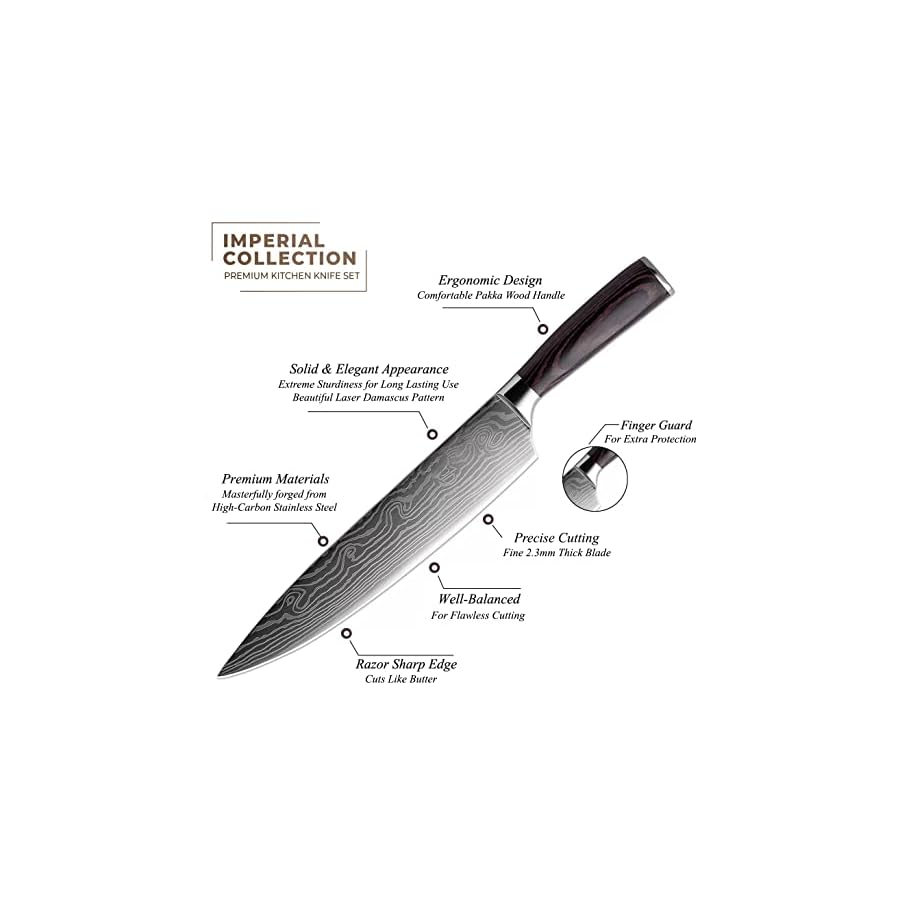SENKEN-8-piece-Premium-Japanese-Kitchen-Knife-Set-with-Laser-Damascus-Pattern-Imperial-Collection-Chefs-Knife-Santoku-Knife-Bread-Knife-Paring-Knife-More-Ultra-Sharp-for-Very-Fast-Cutting SENKEN 8-piece Premium Japanese Kitchen Knife Set with Laser Damascus Pattern - Imperial Collection - Ultra Sharp for Very Fast Cutting