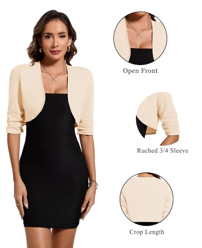 Image of MINTLIMIT Bolero Cardigans for Women Ruched 3 /4 Sleeve Open Front Cropped Cardigan Boleros Shrug Jackets for Evening Dresses