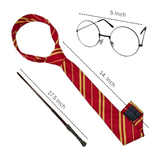 Image of WANNA PARTY Wizard Costume Kit, Harry The Magician Wizarding World Glasses with Tie and Wand Costume Accessory Pack of 3 Pieces