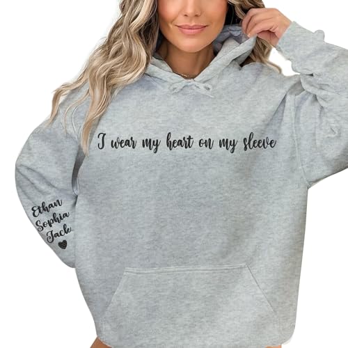 NAZENTI-Custom I Wear My Heart On My Sleeve Embroidered Pullover Hoodie Kids Name On Sleeve For Women Grandma Mom Mama-Personalized Gift For Birthday Mothers Day Christmas Customized Shirt