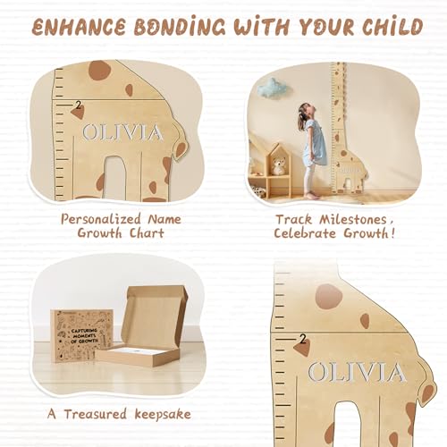 image for Woodemon Personalized Name Kids Growth Chart for Wall, Cute Giraffe Wo