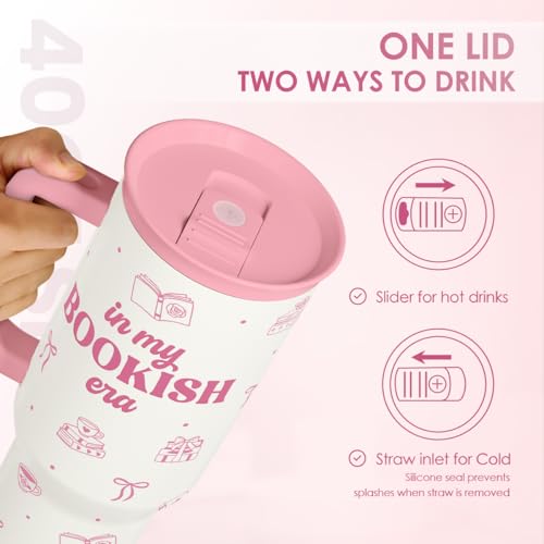 Image of SANDJEST Book Lovers 40oz Tumbler With Handle and Straw, in My Bookish Era Insulated Stainless Steel Travel Coffee Mug for Women Girls Bookworms, Gift Idea for Birthday Christmas Mothers Day