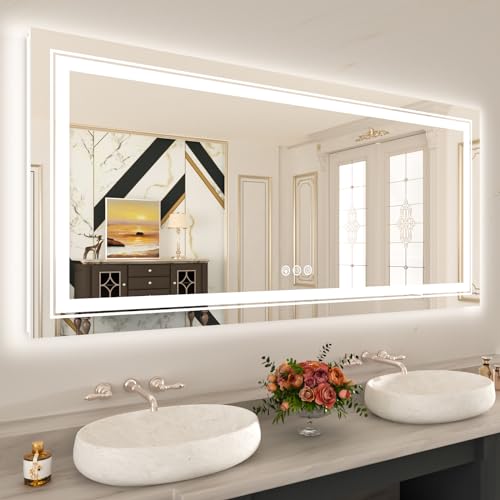 Image of WTTY LED Bathroom Mirror 60 inchx30 inch with RGB Backlit and Front Light,Stepless Dimmable LED Mirror for Bathroom,Colored Lighted Bathroom Vanity Mirror,Anti-Fog,Memory Function,Shatter-Proof