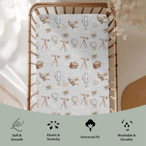 Image of Adventure Baby Crib Sheets for Boy Girl 28 inchx52 inch Travel Planes Compass Luggage Globe Explore Soft Snug Fitted Crib Mattress Covers Holiday Vacation Baby Sheet for Standard Crib & Toddler Bed Mattress