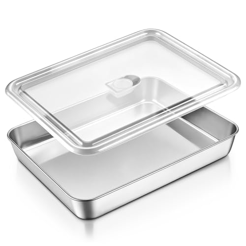 E-far Lasagna Pan with Lid, Stainless Steel Rectangular Cake Baking Pan with Cover, 12⅓x9¾x2 Inch Metal Bakeware Brownie Casserole Oven Tray Sheet, Deep Side & Heavy Duty, Anti-Rust & Dishwasher Safe
