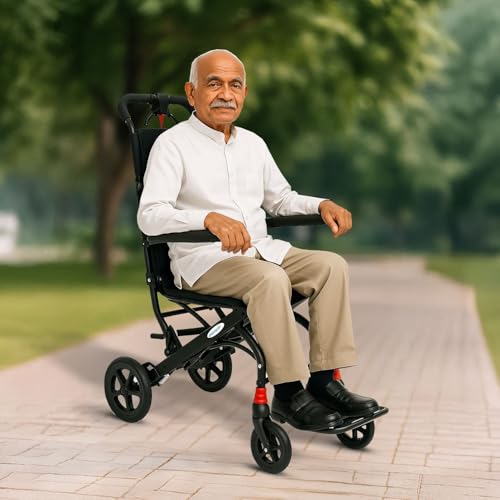 Image of EverActiv Aero Portable Wheelchair for Seniors | Ultra-Light 6.5Kg Aluminium Frame | Foldable, Compact, Attendant Brake, Travel Convenience | Wheelchair for old people