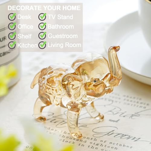 H&D HYALINE & DORA Handmade Crystal Elephant Figurine with Trunk Up,Glass Animal Statue,Sparkling Glass Art Animals Collectible Gift Home Decor Table Centerpiece(Champagne)