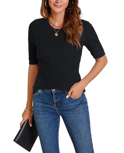 Image of MINTLIMIT Womens Short Sleeve Sweater Summer Pullover Shirt Tops Texture V Neck Casual Knit Tees Tops
