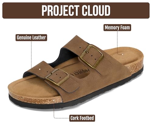 Image of Project Cloud 100% Genuine Leather Flat Sandals For Women 2026 Cork Footbed Womens Sandals with Memory Foam and arch support Vacation Essentials Slides for Women Footwear (Venita)