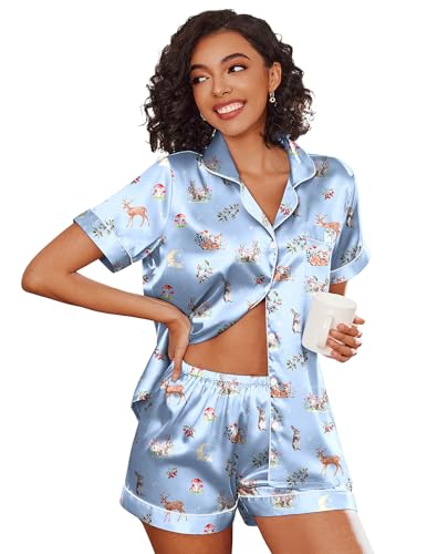 Image of Ekouaer Womens Silk Satin Pajama Sets Soft Short Sleeve Button Down Sleepwear Top and Shorts 2 Piece Pjs Lounge Set