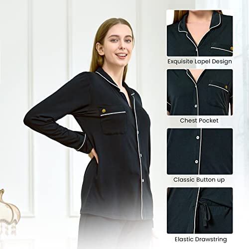Snow Touch Button Up Pajamas For Women,Notch Collar Womens Pjs Sets,Classic Button Down Loungewear Long Sleeve Sleepwear Black #TOP3