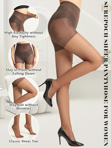 Image of SUREPOCH 20D Sheer Tights Control Top Black Pantyhose for Women Tummy Control Nylon Stockings